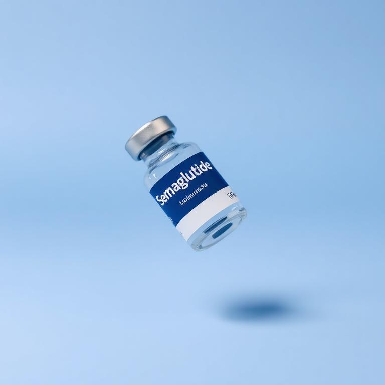 Semaglutide injection vial on a light blue background
