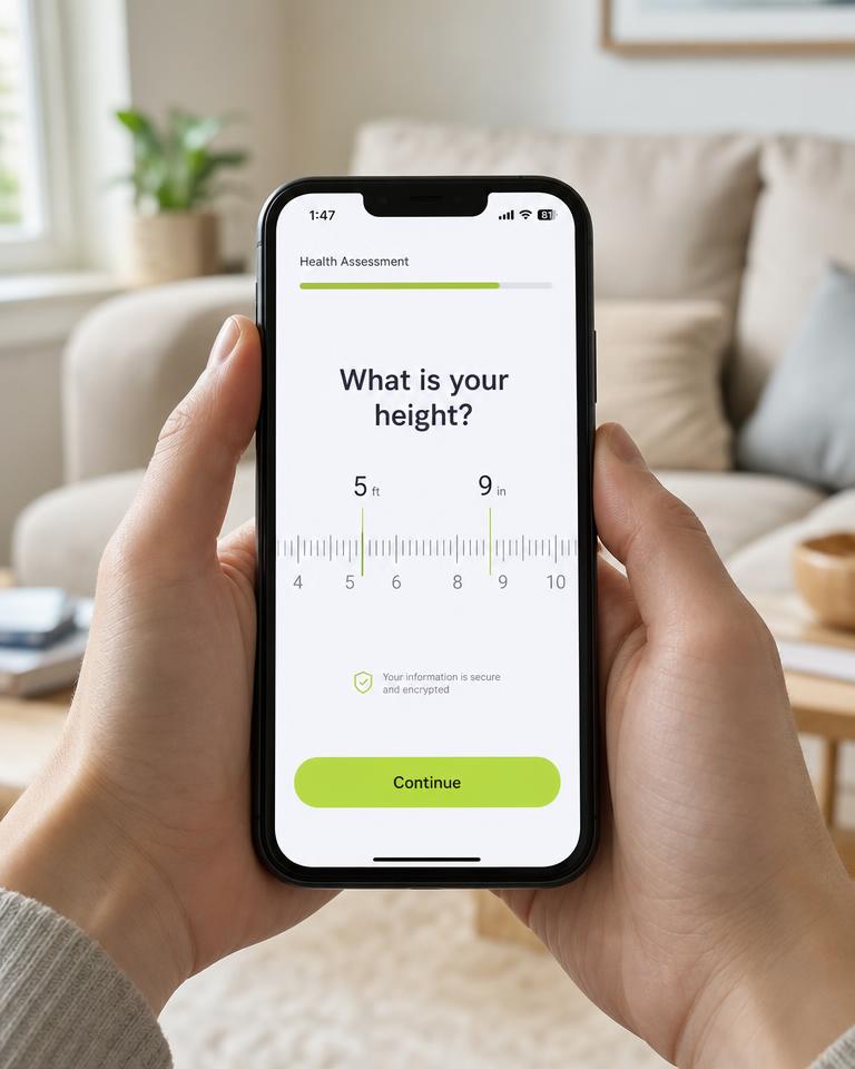 Hands holding a phone showing the height question in the assessment