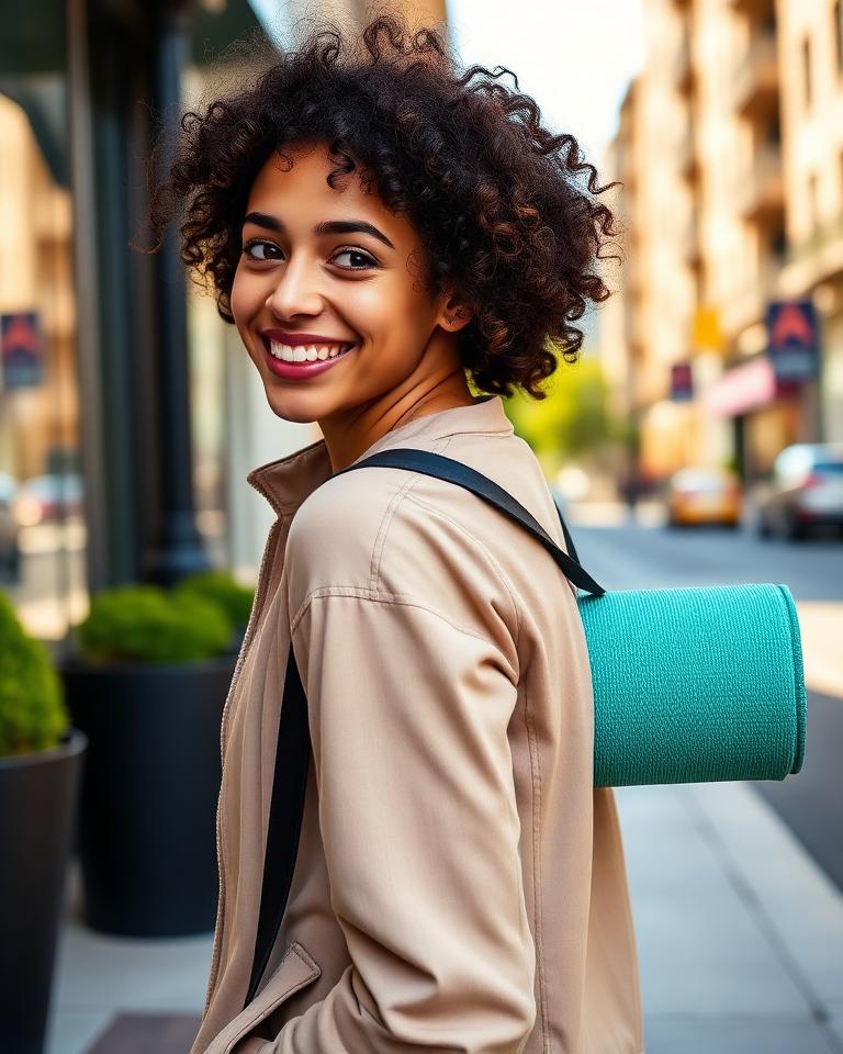 Woman carrying a yoga mat outdoors