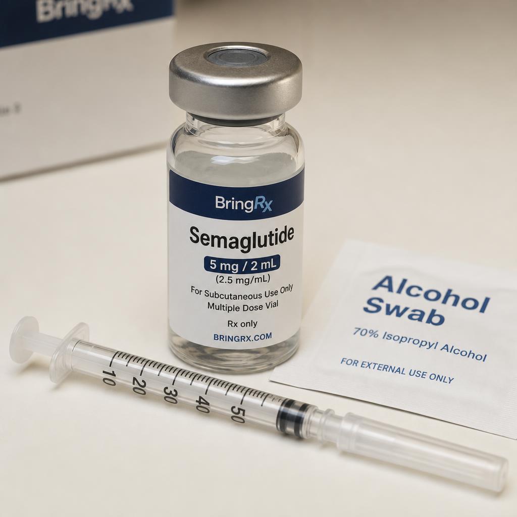 BringRx Semaglutide glass vial photographed with syringe and alcohol swab