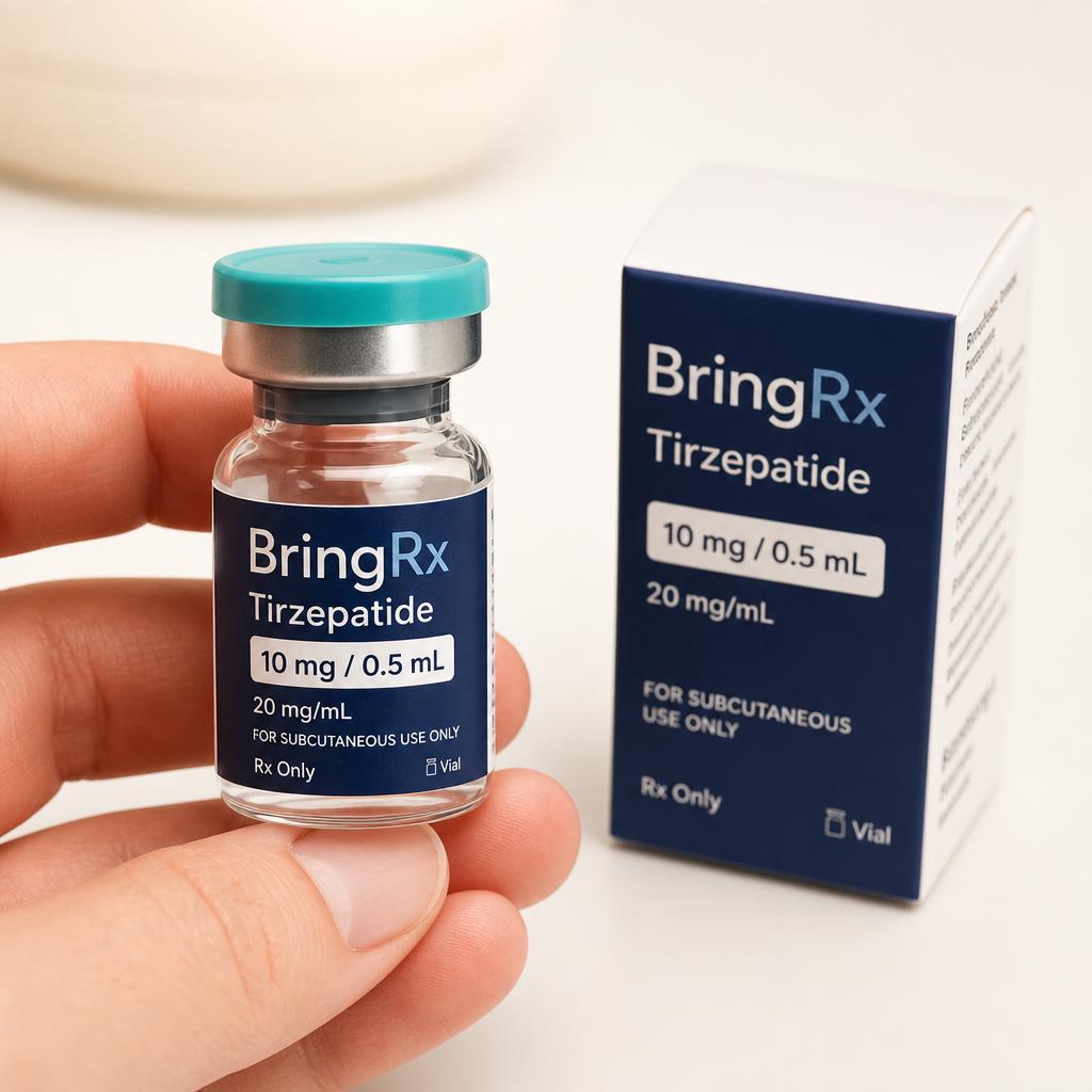 BringRx Tirzepatide glass vial held in hand next to its carton